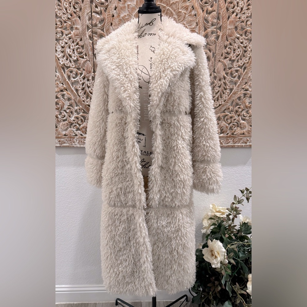 Badgley Mischka Cream Teddy Long Coat - Picture 3 of 15
